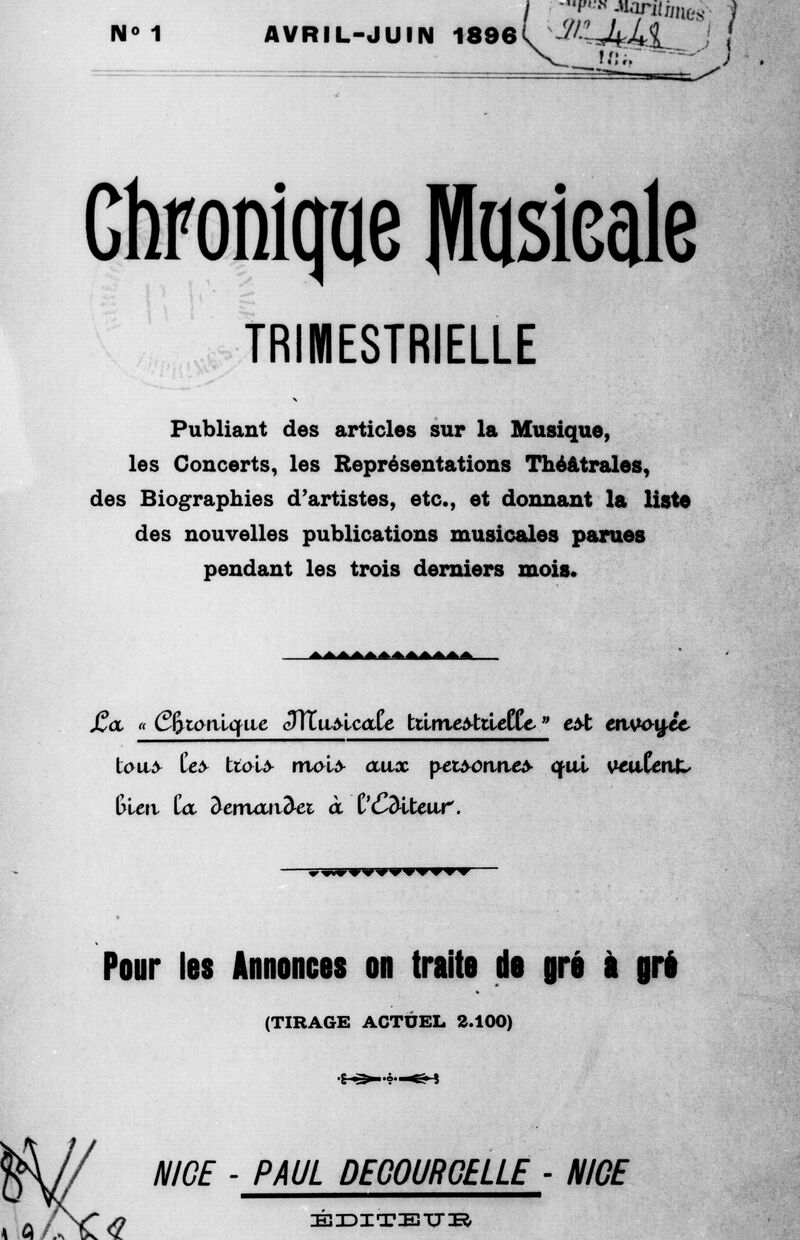 Photo (BnF / Gallica) de : Chronique musicale trimestrielle. Nice, 1896-1933. ISSN 2123-8065.