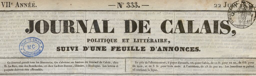 Photo (BnF / Gallica) de : Journal de Calais. Calais, 1825-1892. ISSN 2130-2936.