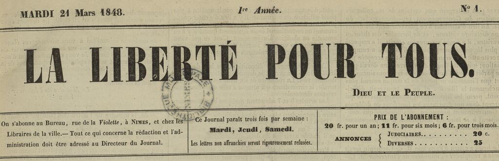 Photo (BnF / Gallica) de : La Liberté pour tous. Nîmes, 1848. ISSN 2131-3466.