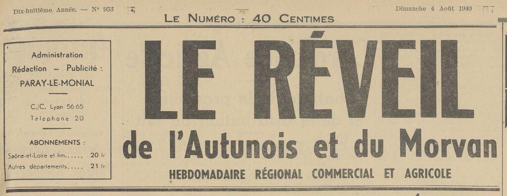Photo (BnF / Gallica) de : Le Réveil de l'Autunois et du Morvan. Paray-le-Monial, 1922-1940. ISSN 2136-7868.