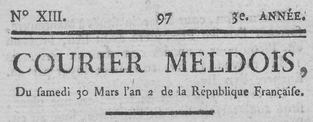 Photo (BnF / Gallica) de : Courier meldois. [Meaux] : [Enguin], [1791-1794]. ISSN 2646-7135.