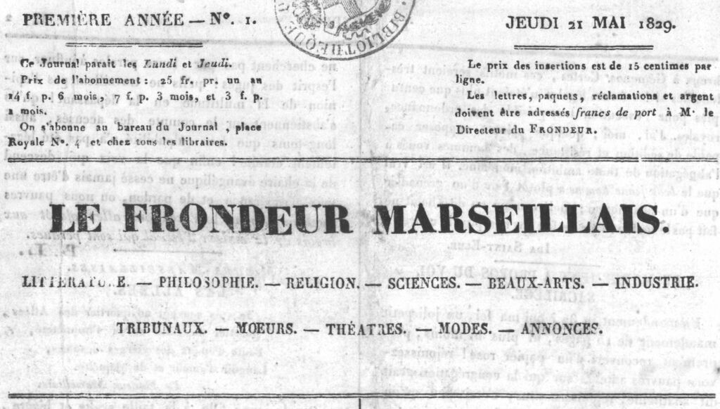 Photo (BnF / Gallica) de : Le Frondeur marseillais. Marseille : Rouchon, 1829-[1830 ?]. ISSN 2128-3737.