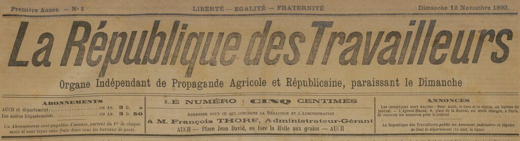 Photo (BnF / Gallica) de : La République des travailleurs. Auch, 1893-1944. ISSN 2136-5520.