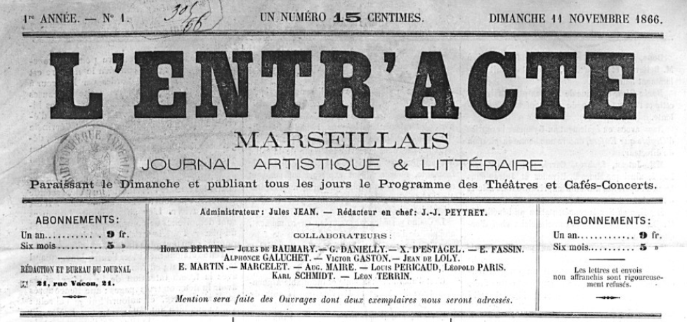 Photo (BnF / Gallica) de : L'Entr'acte marseillais. Marseille, 1866-[1867 ?]. ISSN 2127-3340.