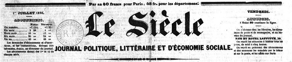 Photo (BnF / Gallica) de : Le Siècle. Paris : Le Siècle, 1836-[1932?]. ISSN 1257-5941.