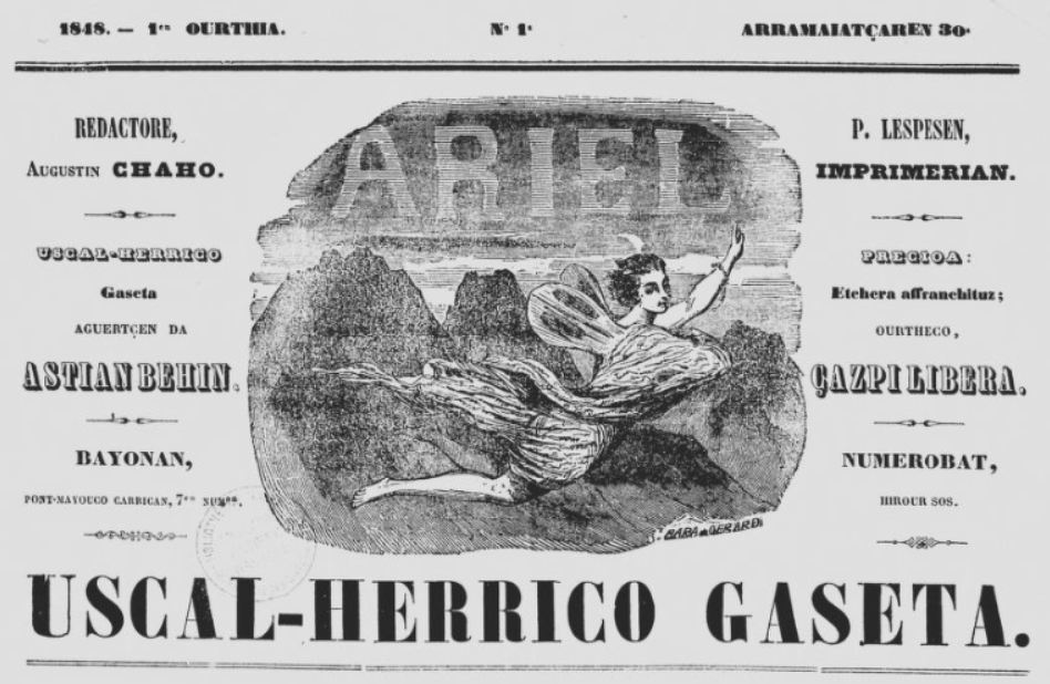 Photo (BnF / Gallica) de : Ariel. Uscal-herrico gaseta. Bayonan, 1848. ISSN 2120-9855.