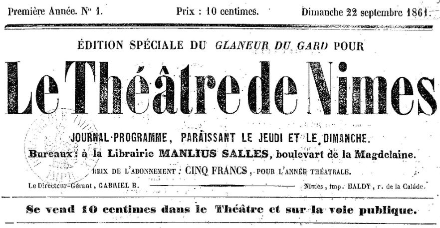 Photo (BnF / Gallica) de : Édition spéciale du Glaneur du Gard pour le Théâtre de Nîmes. Nîmes, 1861-1862. ISSN 2127-0783.