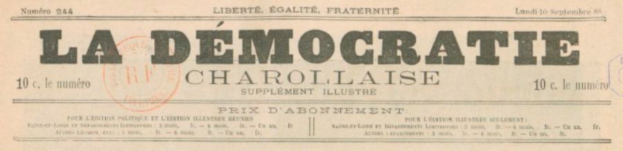 Photo (BnF / Gallica) de : La Démocratie charollaise. Supplément illustré. Charolles, [1888 ?-1891 ?]. ISSN 2125-6500.