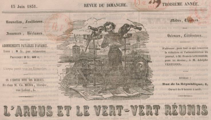 Photo (BnF / Gallica) de : L'Argus et le Vert-vert réunis. Lyon, 1849-[1873?]. ISSN 2021-2313.