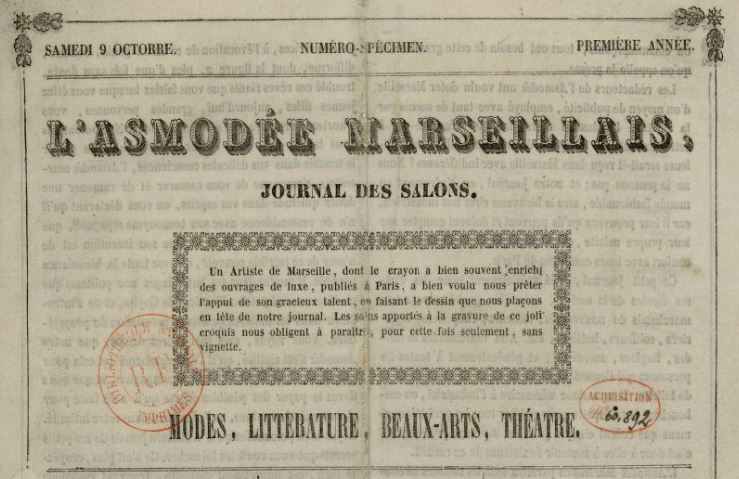 Photo (BnF / Gallica) de : L'Asmodée marseillais. Marseille : Impr. Carnaud fils, 1841-[1843 ?]. ISSN 2121-0462.