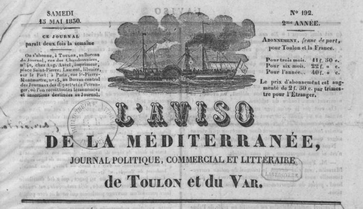 Photo (BnF / Gallica) de : L'Aviso de la Méditerranée. Toulon, 1829-[1830 ?]. ISSN 2016-1131.