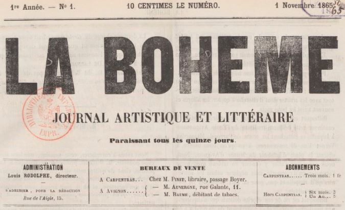 Photo (BnF / Gallica) de : La Bohême. Carpentras, 1865-1866. ISSN 2122-0395.