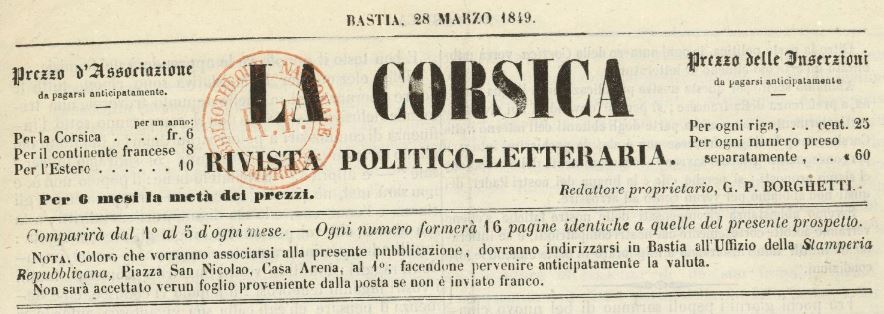 Photo (BnF / Gallica) de : La Corsica. Bastia : all'uffizio della Stamperia repubblicana, 1849. ISSN 2124-541X.