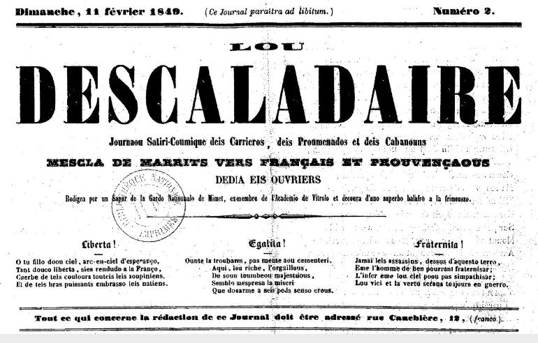 Photo (BnF / Gallica) de : Lou Descaladaire. Marseille : Impr. nationale associations d'ouvriers, 1848-1849. ISSN 2108-0054.