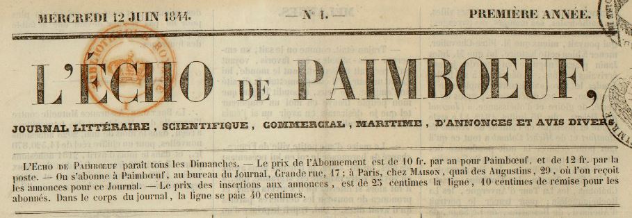 Photo (BnF / Gallica) de : L'Écho de Paimbœuf. Paimboeuf, 1844-1944. ISSN 2126-3922.
