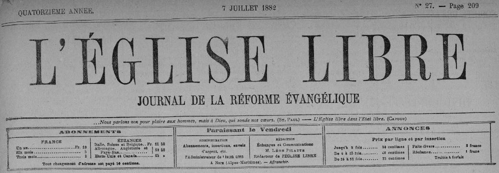 Photo (BnF / Gallica) de : L'Église libre. Nice : Librairie internationale, 1869-1928. ISSN 1245-7078.