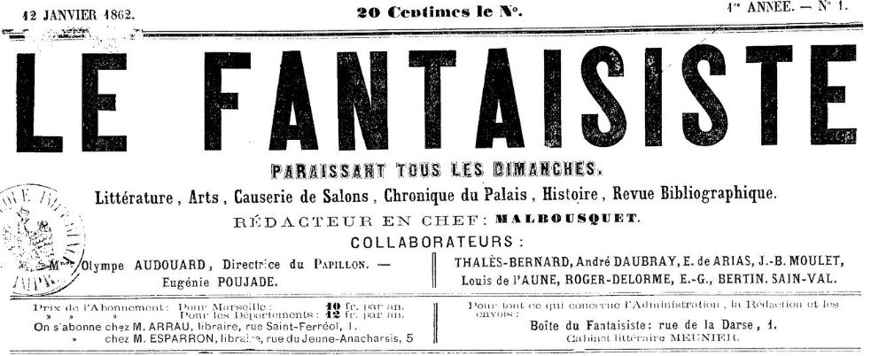 Photo (BnF / Gallica) de : Le Fantaisiste. Marseille, 1862. ISSN 2127-8083.