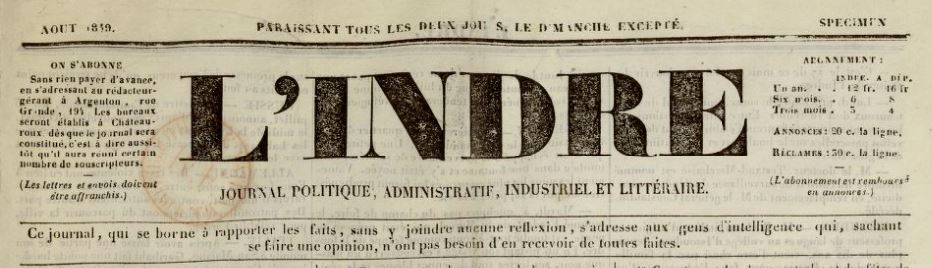 Photo (BnF / Gallica) de : L'Indre. Argenton, 1849. ISSN 1966-0669.