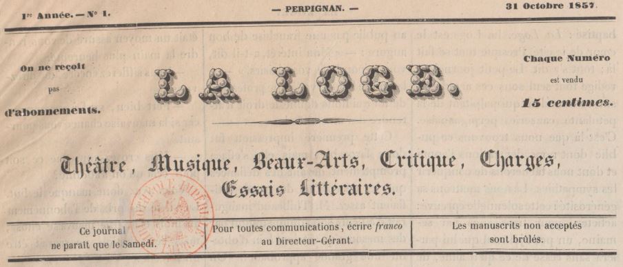 Photo (BnF / Gallica) de : La Loge. Perpignan, 1857. ISSN 2131-5140.