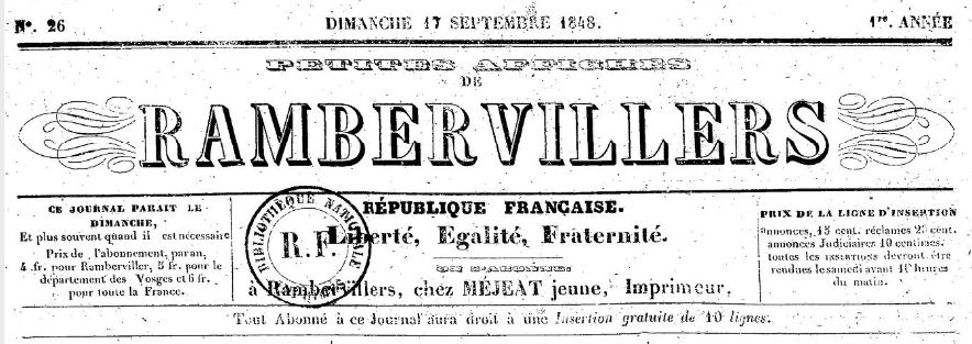 Photo (BnF / Gallica) de : Petites affiches de Rambervillers. Rambervillers, 1848-[1849 ?]. ISSN 2134-6860.