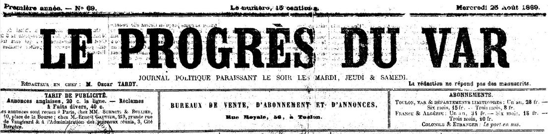 Photo (BnF / Gallica) de : Le Progrès du Var. Toulon, 1869-[1880 ?]. ISSN 2018-3429.