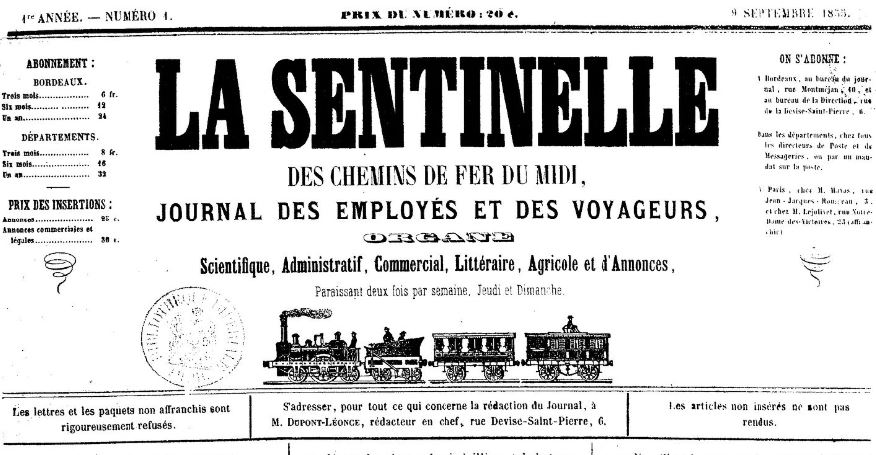 Photo (BnF / Gallica) de : La Sentinelle des chemins de fer du Midi. Bordeaux, 1855. ISSN 2138-0759.