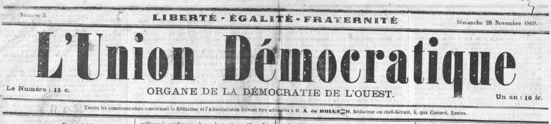 Photo (BnF / Gallica) de : L'Union démocratique. Nantes, 1869-1871. ISSN 2139-3354.