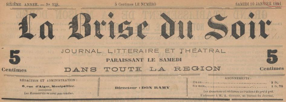 Photo (BnF / Gallica) de : La Brise du soir. Montpellier, 1886-[1904 ?]. ISSN 2016-1719.