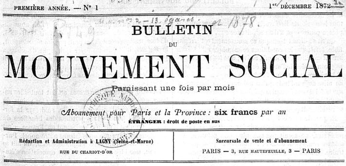 Photo (BnF / Gallica) de : Bulletin du mouvement social. Lagny, Paris, 1872-1879. ISSN 1255-4413.