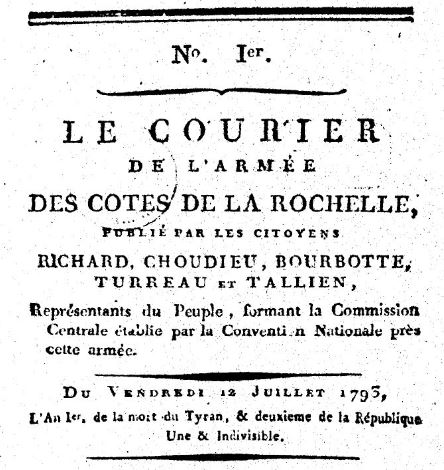 Photo (BnF / Gallica) de : Le Courier de l'Armée des côtes de La Rochelle. Angers : impr. Charles-Pierre Mame, 1793. ISSN 2124-6165.