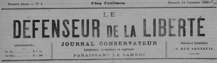 Photo (BnF / Gallica) de : Le Défenseur de la liberté. Nantes, 1885-1886. ISSN 2125-5016.