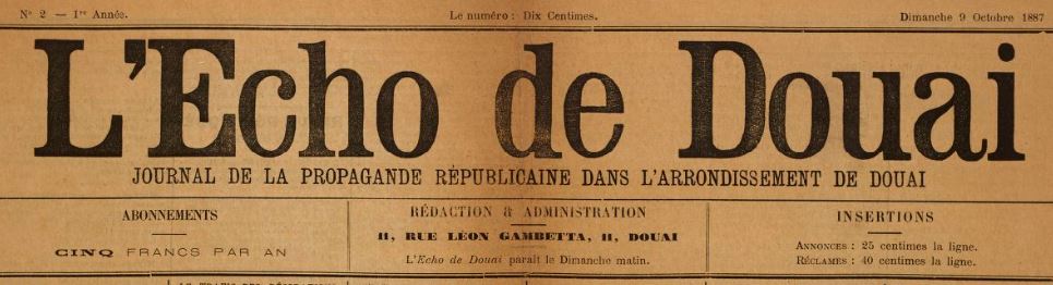 Photo (BnF / Gallica) de : L'Écho de Douai. Douai, 1887-1888. ISSN 2126-1822.
