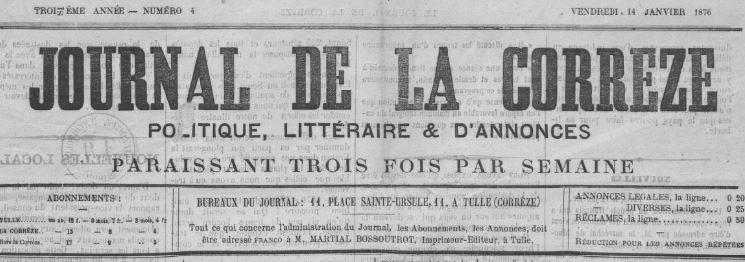 Photo (BnF / Gallica) de : Journal de la Corrèze. Tulle, 1876. ISSN 2130-4297.