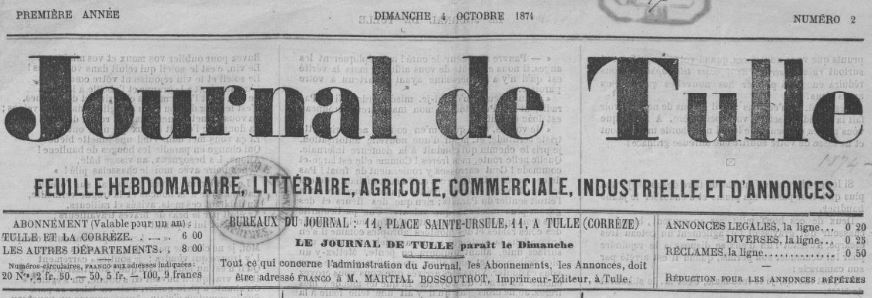 Photo (BnF / Gallica) de : Journal de Tulle. Tulle, 1874-1876. ISSN 2130-663X.