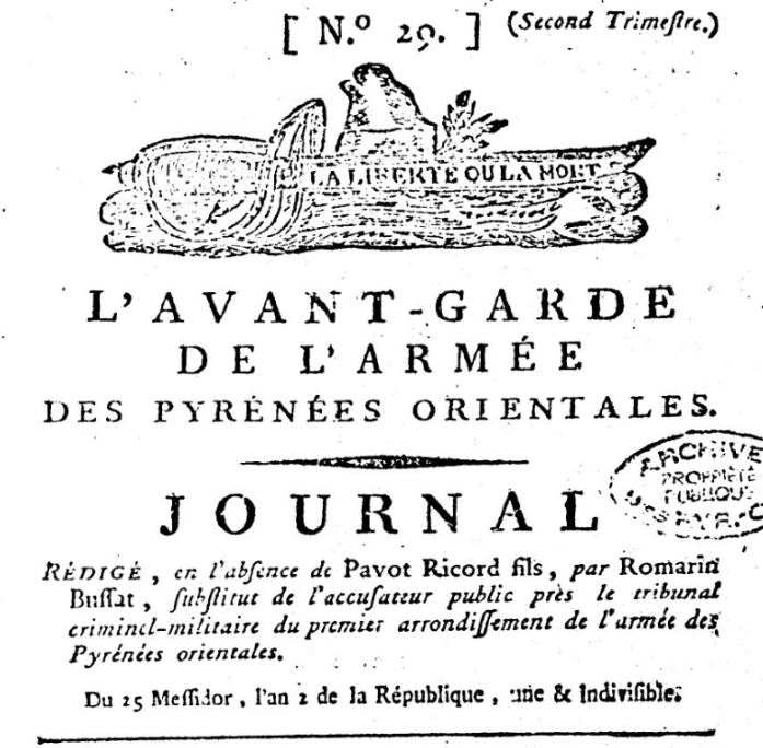 Photo (BnF / Gallica) de : L'Avant-garde de l'Armée des Pyrénées-Orientales. Perpignan : Impr. de Pourtet, 1794. ISSN 2121-2325.