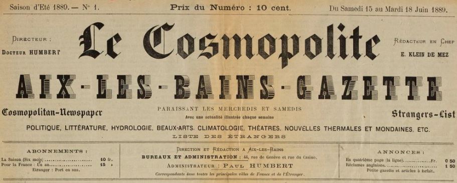 Photo (BnF / Gallica) de : Le Cosmopolite. Aix-les-Bains, 1889. ISSN 2124-5452.