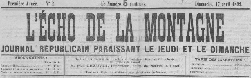 Photo (BnF / Gallica) de : L'Écho de la montagne. Ussel, 1892-1896. ISSN 2126-2993.