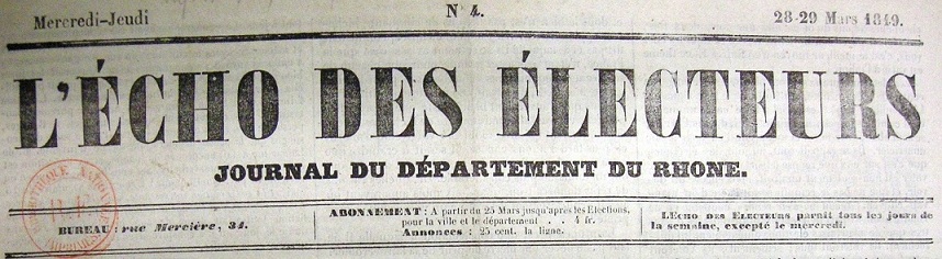 Photo (BnF / Gallica) de : L'Écho des électeurs. Lyon, 1849. ISSN 2126-4899.