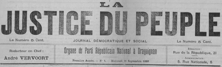 Photo (BnF / Gallica) de : La Justice du peuple. Draguignan, 1889. ISSN 2131-0602.