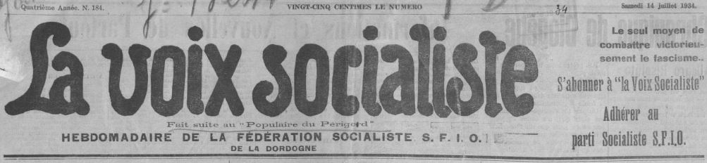 Photo (BnF / Gallica) de : La Voix socialiste. Périgueux, 1934-[1947 ?]. ISSN 2113-2488.
