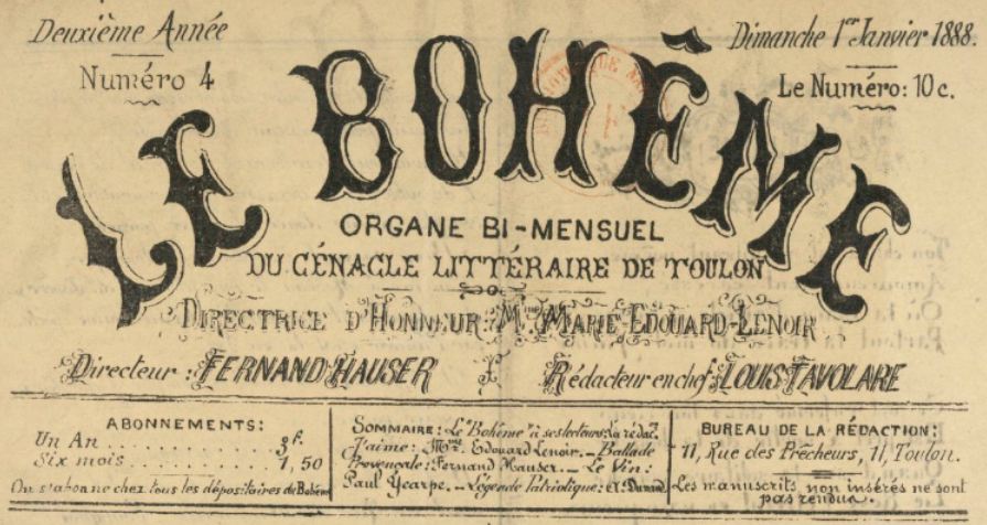 Photo (BnF / Gallica) de : Le Bohême. Toulon, 1887-1888. ISSN 1246-533X.