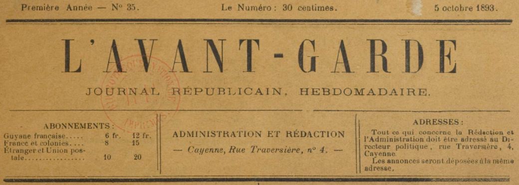 Photo (BnF / Gallica) de : L'Avant-garde. Cayenne, 1893. ISSN 2428-2790.