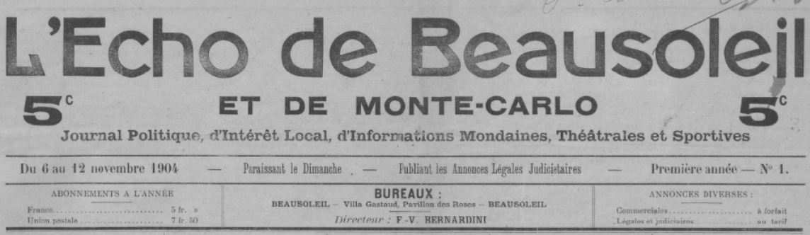 Photo (BnF / Gallica) de : L'Écho de Beausoleil et de Monte-Carlo. Beausoleil, 1904-[1911 ?]. ISSN 2126-1288.