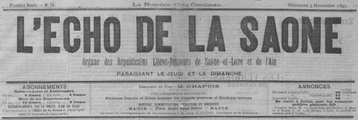 Photo (BnF / Gallica) de : L'Écho de la Saône. Mâcon, [1895 ?-1896 ?]. ISSN 2126-3205.