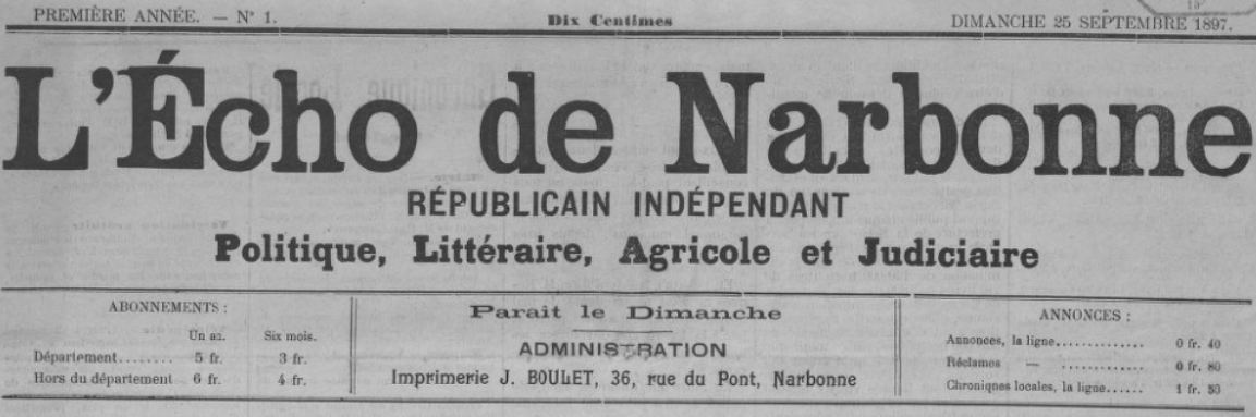 Photo (BnF / Gallica) de : L'Écho de Narbonne. Narbonne, 1897-1900. ISSN 2126-3841.