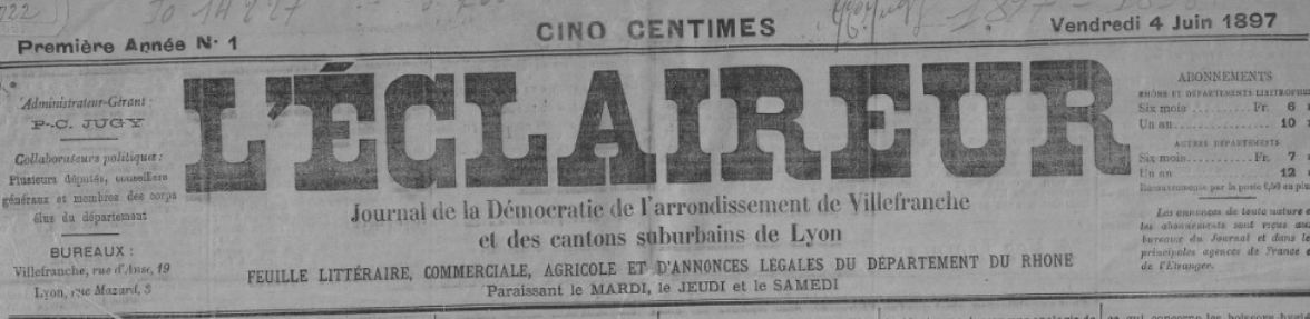 Photo (BnF / Gallica) de : L'Éclaireur. Villefranche-sur-Saône, 1897-[1898 ?]. ISSN 2126-8878.