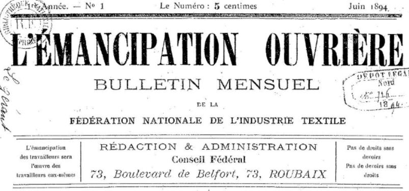 Photo (BnF / Gallica) de : L'Émancipation ouvrière. Roubaix, 1894-[1895?]. ISSN 2106-1521.
