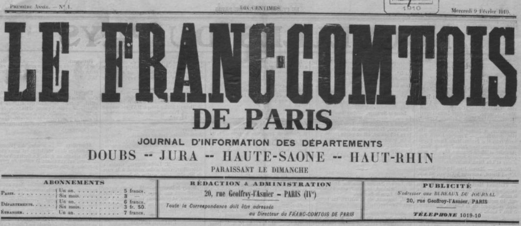 Photo (BnF / Gallica) de : Le Franc-Comtois de Paris. Paris, 1910. ISSN 2024-5025.