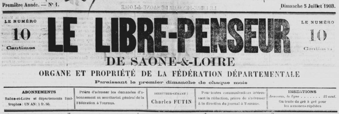 Photo (BnF / Gallica) de : Le Libre-penseur de Saône-et-Loire. Tournus, 1903-[1905 ?]. ISSN 2131-3776.