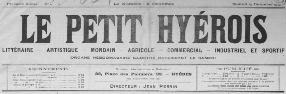 Photo (BnF / Gallica) de : Le Petit Hyérois. Hyères, 1909-[1910 ?]. ISSN 2134-180X.